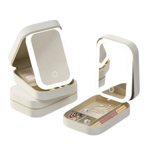 Cutie de machiaj cu oglindă LED – organizator portabil pentru cosmetice și accesorii