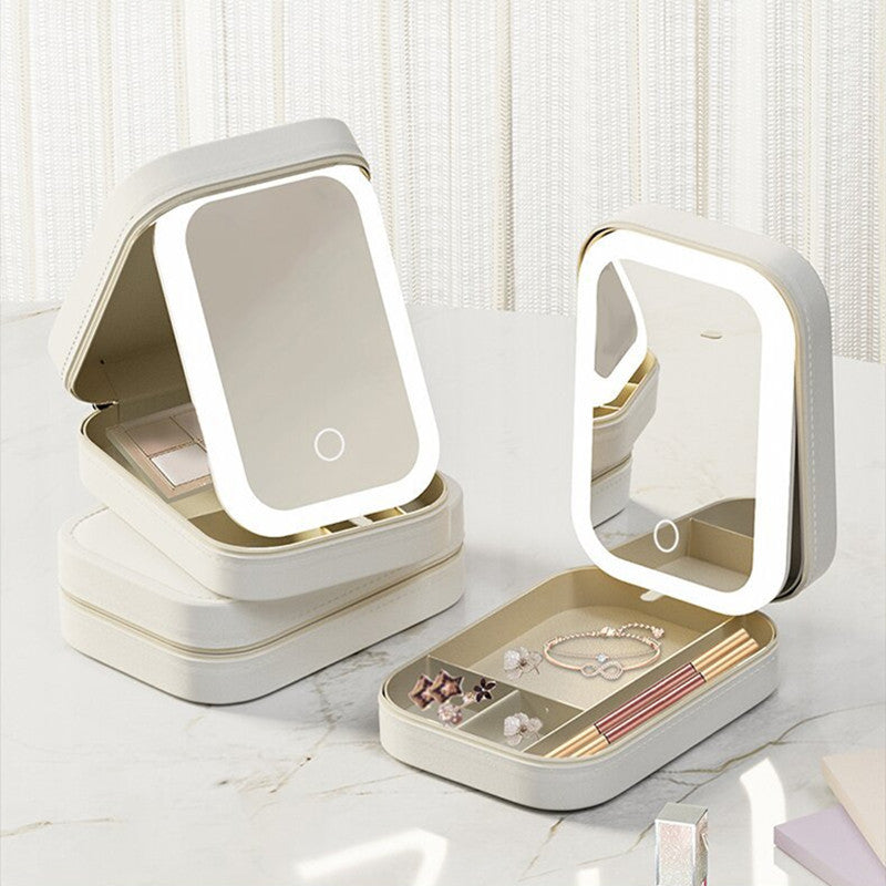 Cutie de machiaj cu oglindă LED – organizator portabil pentru cosmetice și accesorii